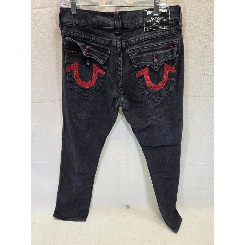 True Religion Ricky Relaxed Straight Black Jeans Red Stitching Mens 31 x 31
